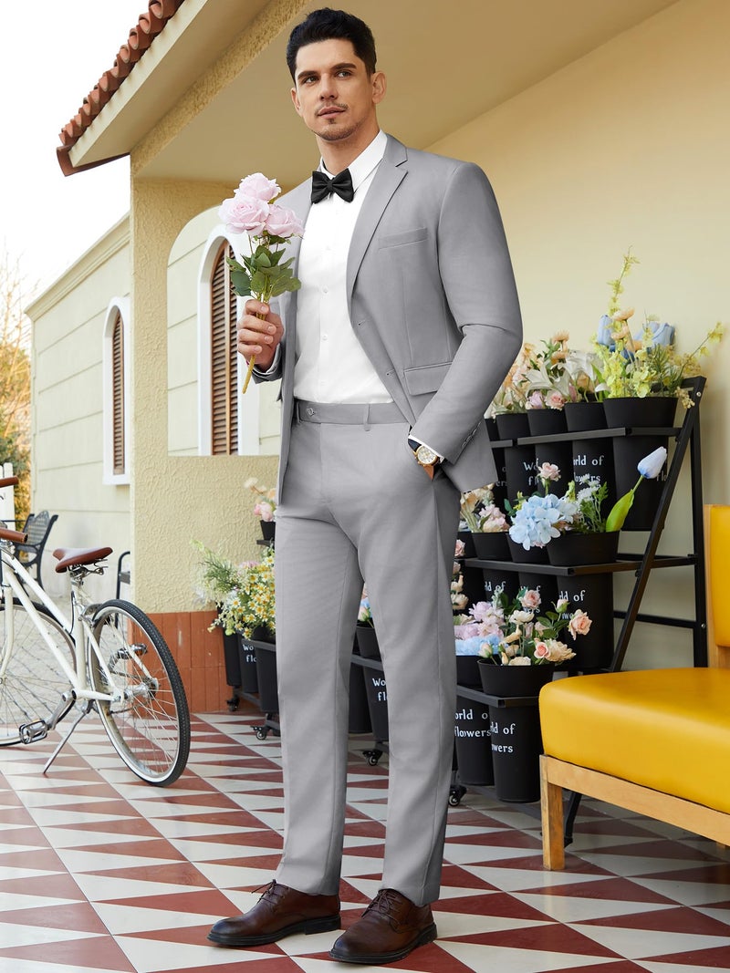 WEEN CHARM Mens Suits Slim Fit 2 Piece Wedding Tuxedo Two Button Groom Prom Party Solid Blazer Pants Suit Set Light Grey - Image 2